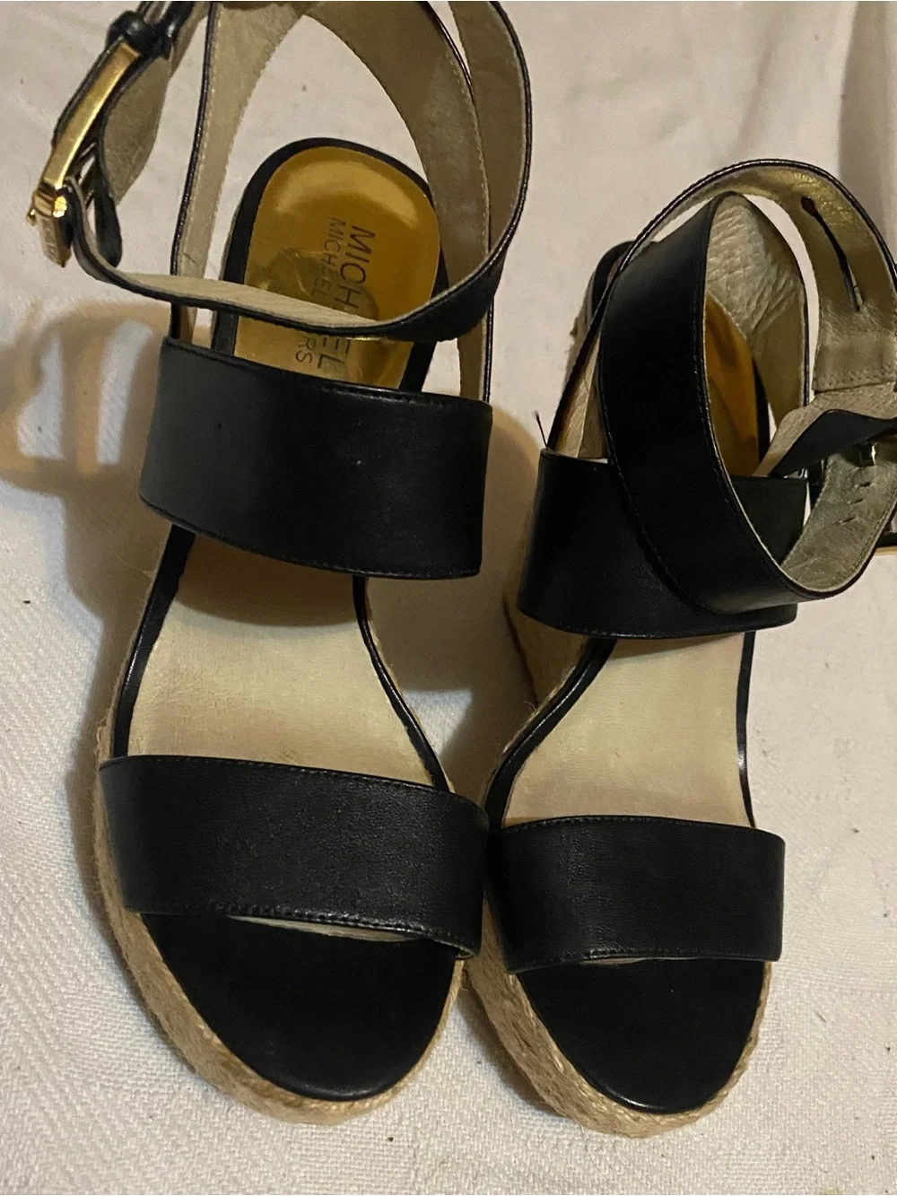 Michael Kors Black Leather Ankle-Strap Espadrille Wedges